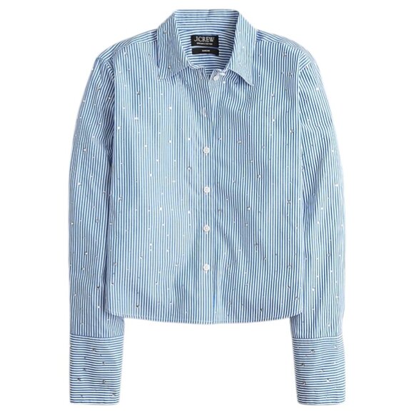 J.Crew Tops - J.Crew Garcon Pinstripe Shirt Crop Crystal Detail Poplin Preppy Coastal Women 10